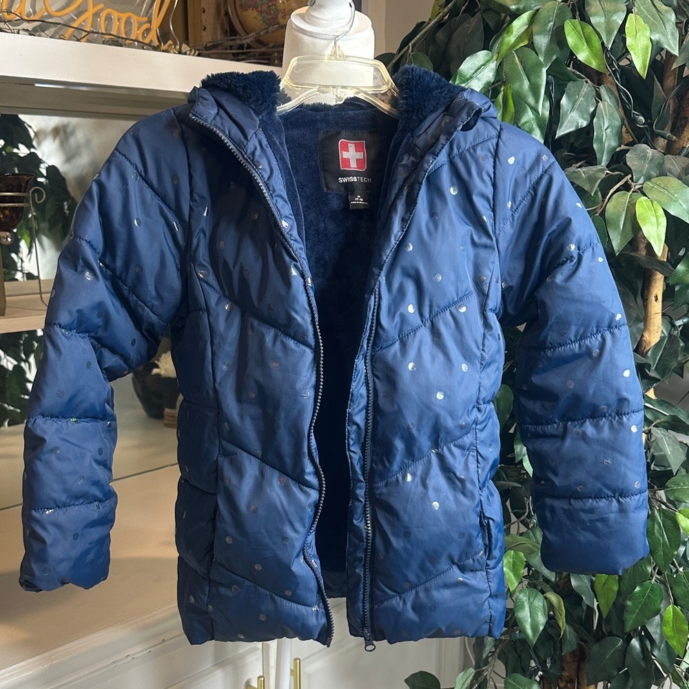 Swiss Tech Kids Navy Puffer Jacket with Polka Dots